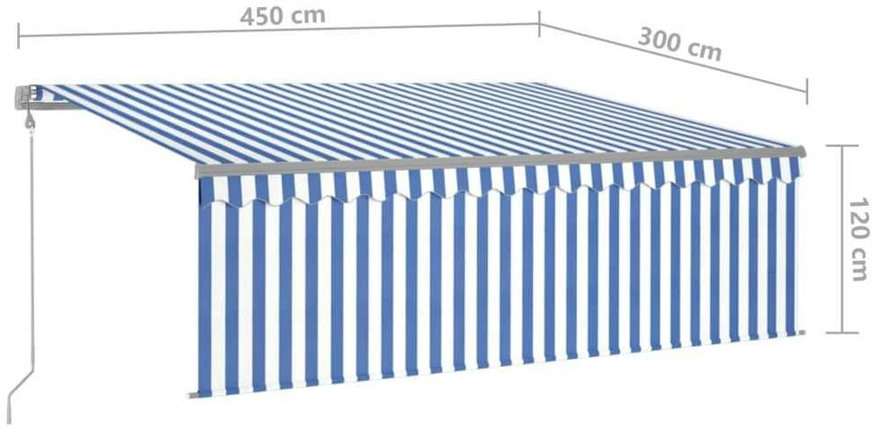 Markizė su uždanga/LED/vėjo jutikliu, mėlyna/balta, 4,5x3m