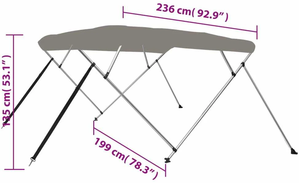 Bimini viršaus stogelis, pilkas, 243x196x137cm, 4 lankų rėmas