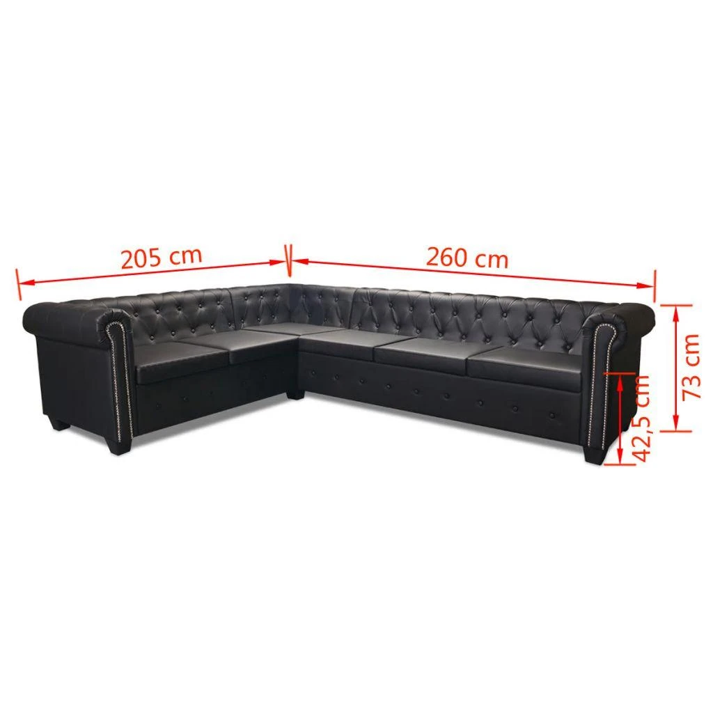 Chesterfield kampinė šešiavietė sofa, dirbtinė oda, juoda