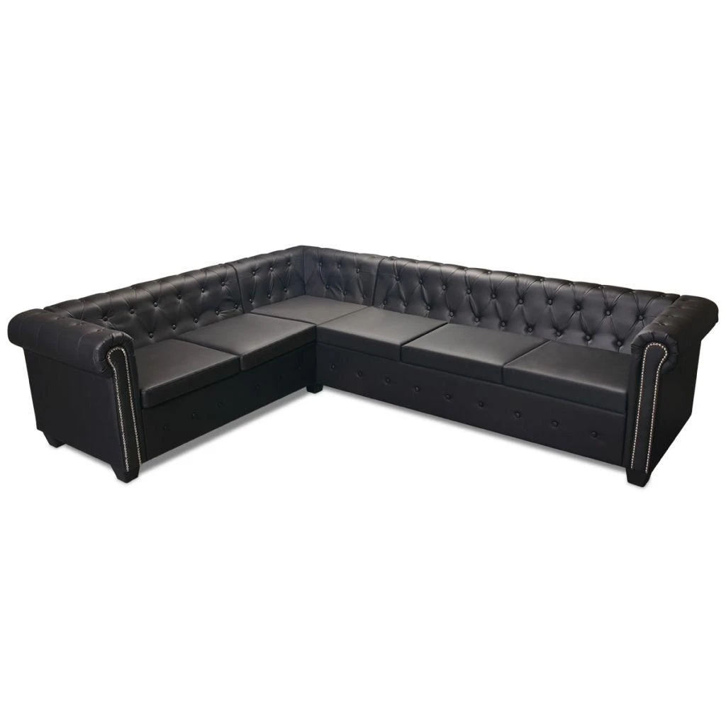 Chesterfield kampinė šešiavietė sofa, dirbtinė oda, juoda