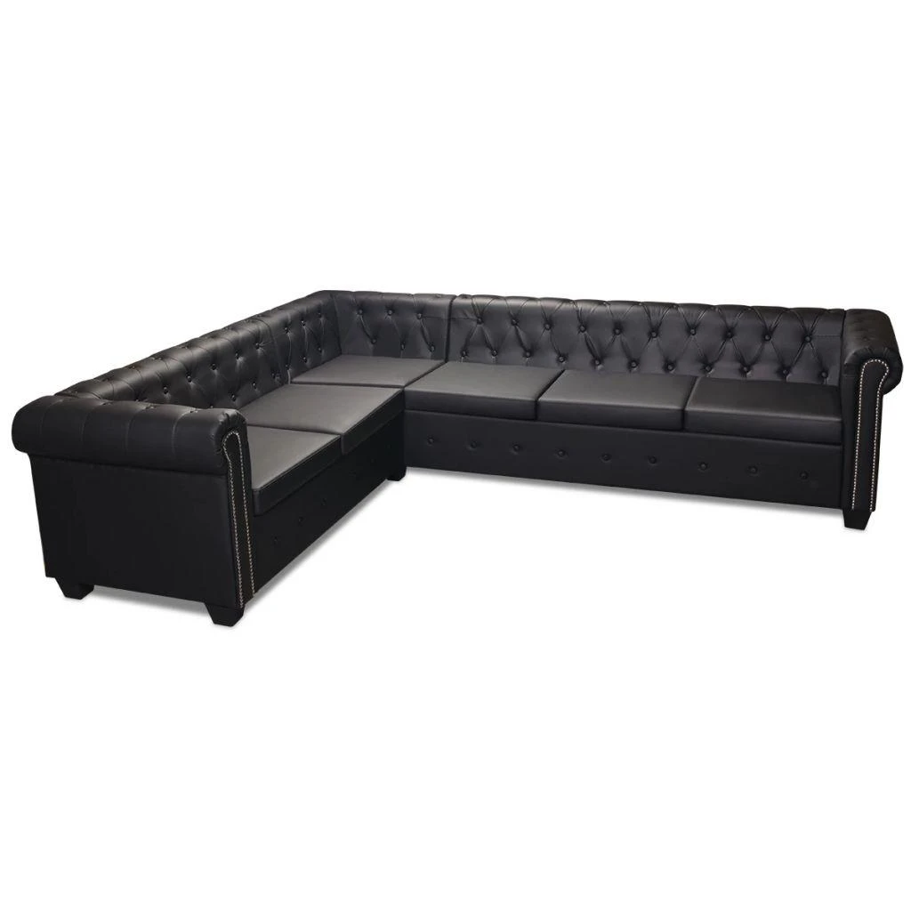 Chesterfield kampinė šešiavietė sofa, dirbtinė oda, juoda