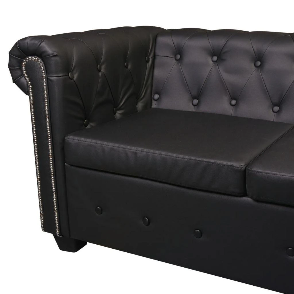 Chesterfield kampinė šešiavietė sofa, dirbtinė oda, juoda