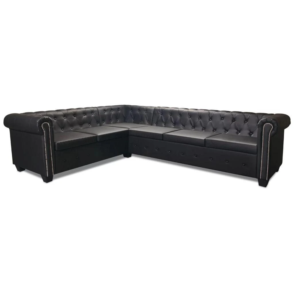 Chesterfield kampinė šešiavietė sofa, dirbtinė oda, juoda