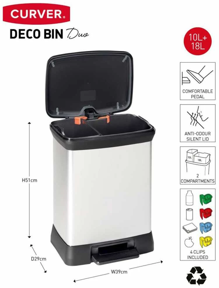 Curver Dviguba šiukšliadėžė su pedalu Deco, sidabrinė, 10l+18l