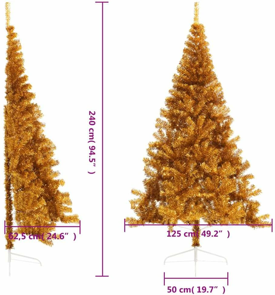 Dirbtinė pusinė Kalėdų eglutė su stovu, auksinė, 240cm, PET