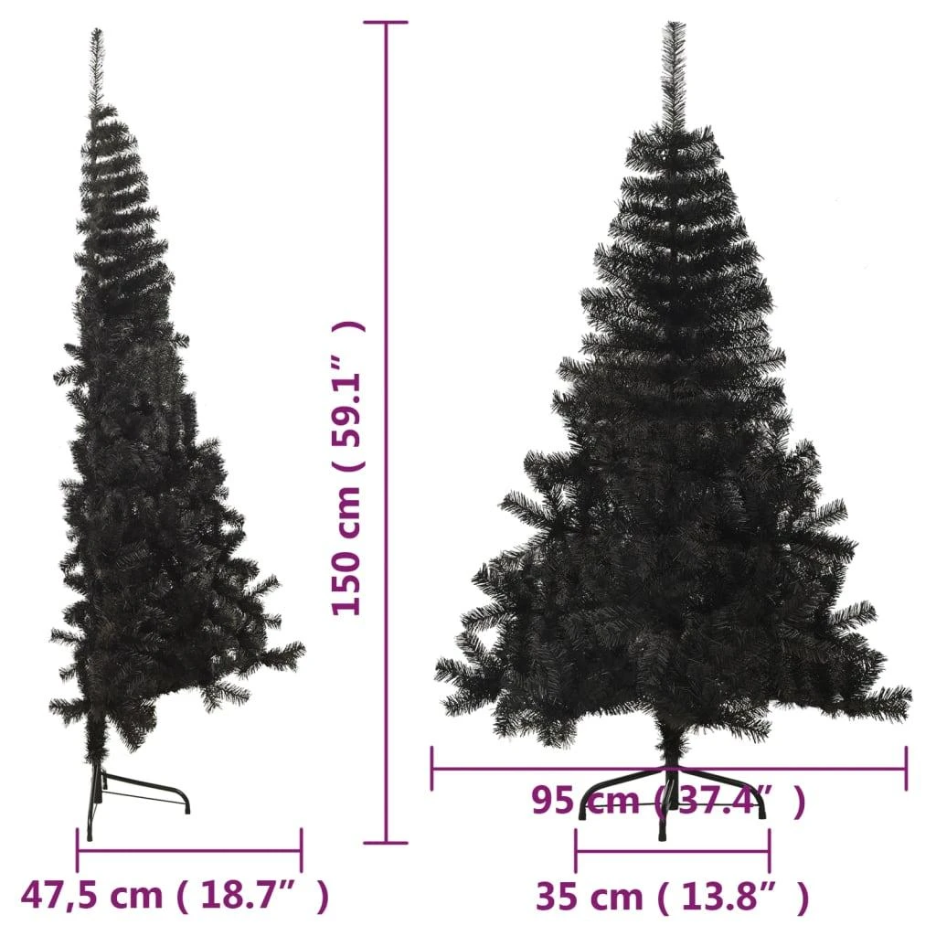 Dirbtinė pusinė Kalėdų eglutė su stovu, juoda, 150cm, PVC