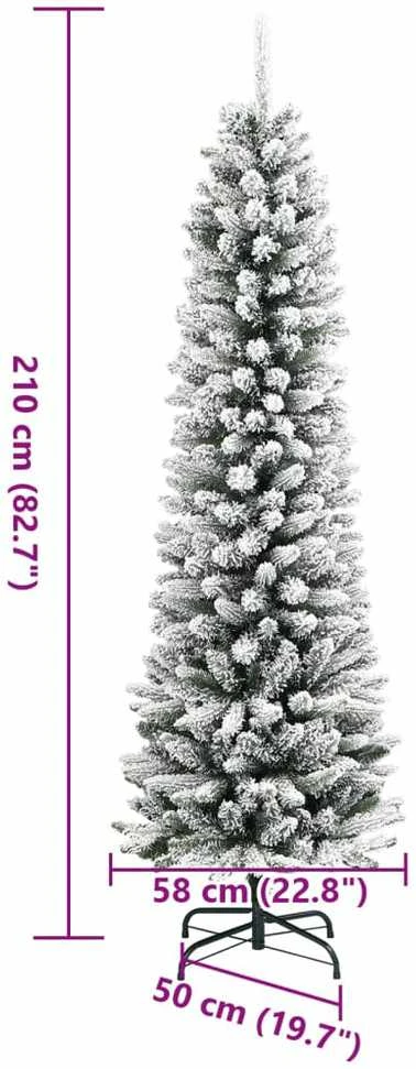 Dirbtinė siaura Kalėdų eglutė su sniegu, 210cm, PVC ir PE