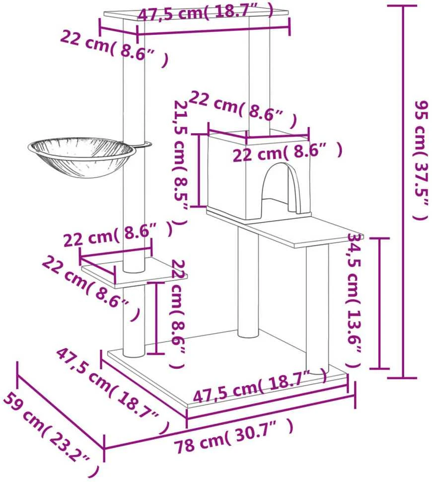 Draskyklė katėms su stovais iš sizalio, šviesiai pilka, 95cm