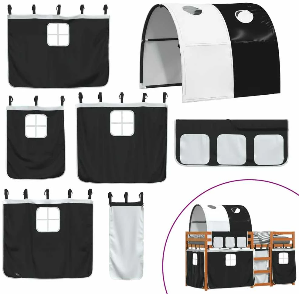 Dviaukštė lova su užuolaidomis, balta/juoda, 90x190cm, pušis