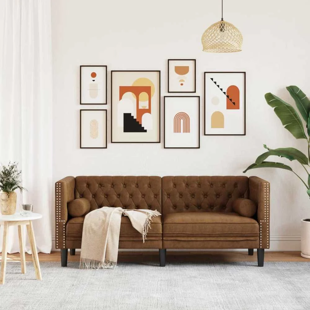 Dvivietė chesterfield sofa su pagalvėlėmis, ruda, dirbtinė oda