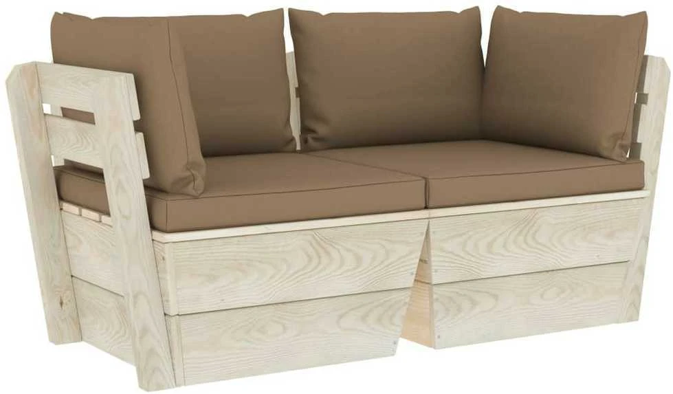 Lauko baldų komplektas Dvivietė sodo sofa iš palečių su pagalvėlėmis, eglės mediena