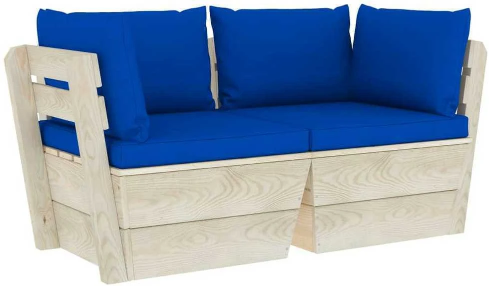 Lauko baldų komplektas Dvivietė sodo sofa iš palečių su pagalvėlėmis, eglės mediena