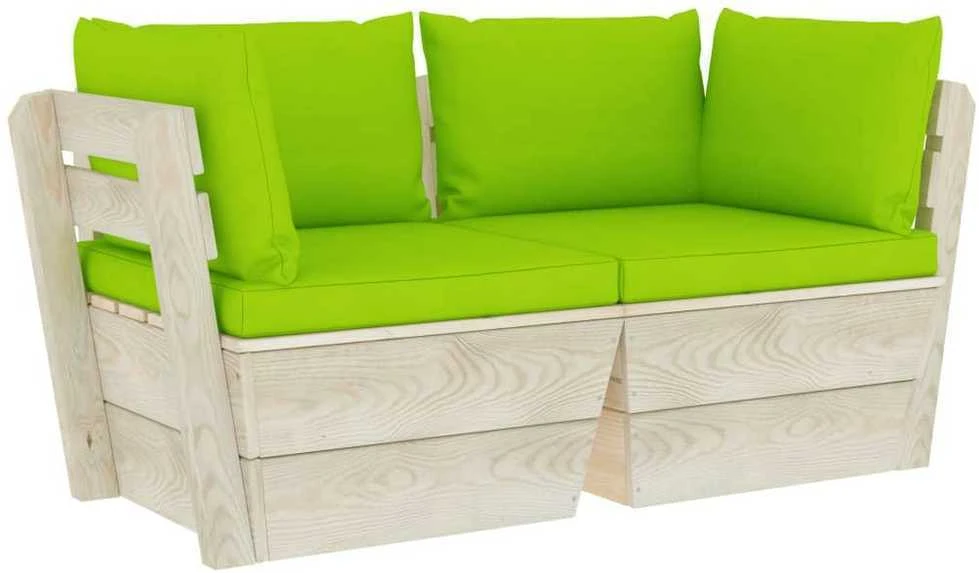 Lauko baldų komplektas Dvivietė sodo sofa iš palečių su pagalvėlėmis, eglės mediena