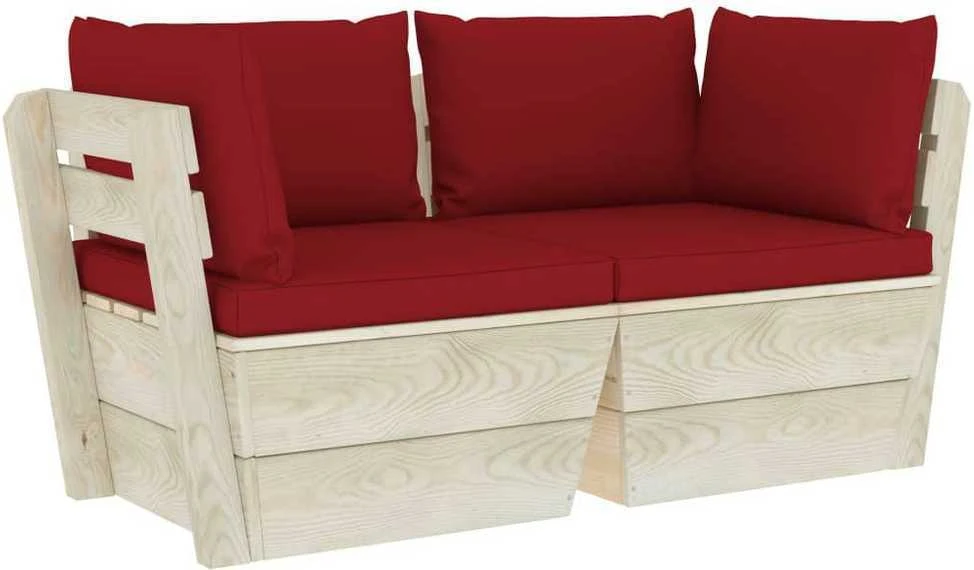 Lauko baldų komplektas Dvivietė sodo sofa iš palečių su pagalvėlėmis, eglės mediena
