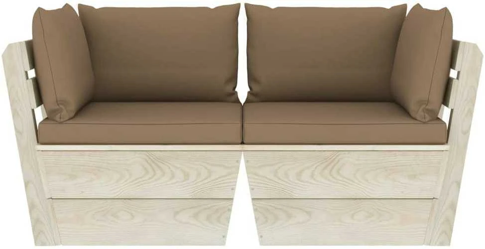 Lauko baldų komplektas Dvivietė sodo sofa iš palečių su pagalvėlėmis, eglės mediena