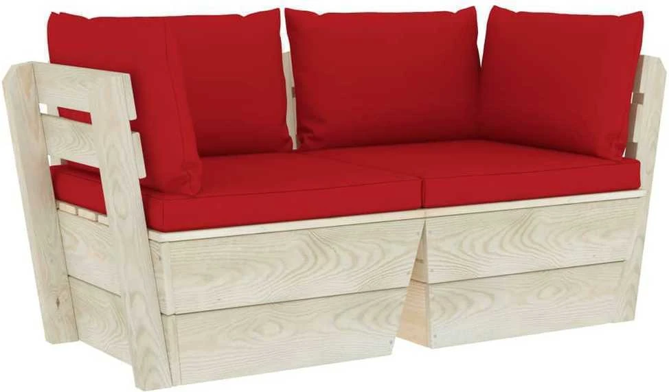 Lauko baldų komplektas Dvivietė sodo sofa iš palečių su pagalvėlėmis, eglės mediena