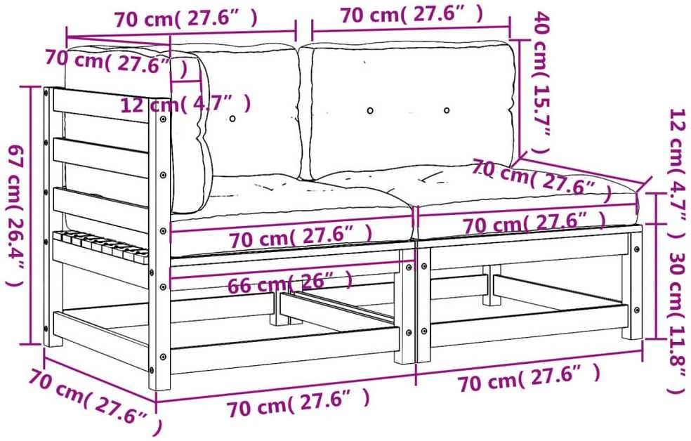 Dvivietė sodo sofa su pagalvėlėmis, impregnuota pušies mediena