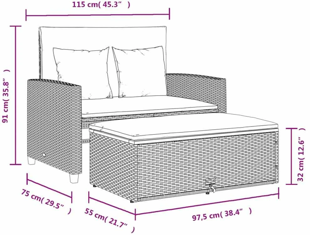 Dvivietė sodo sofa su pagalvėlėmis, juoda, poliratanas/akacija