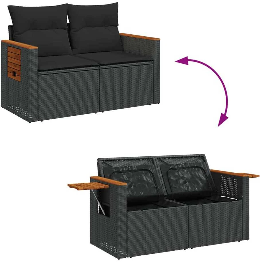Dvivietė sodo sofa su pagalvėlėmis, juodos spalvos, poliratanas