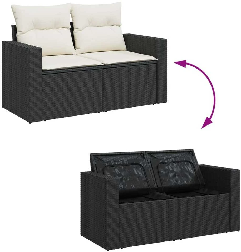 Dvivietė sodo sofa su pagalvėlėmis, juodos spalvos, poliratanas