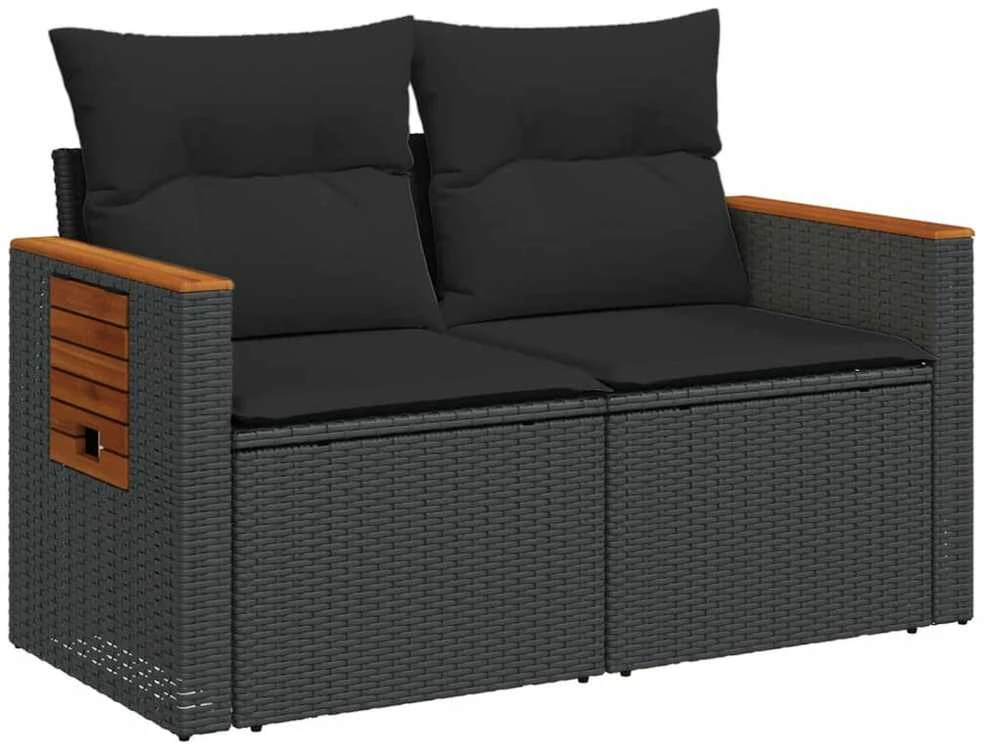 Dvivietė sodo sofa su pagalvėlėmis, juodos spalvos, poliratanas