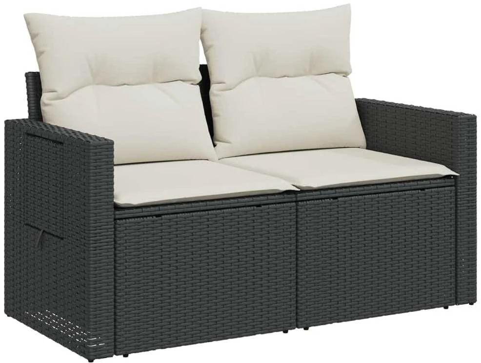 Dvivietė sodo sofa su pagalvėlėmis, juodos spalvos, poliratanas