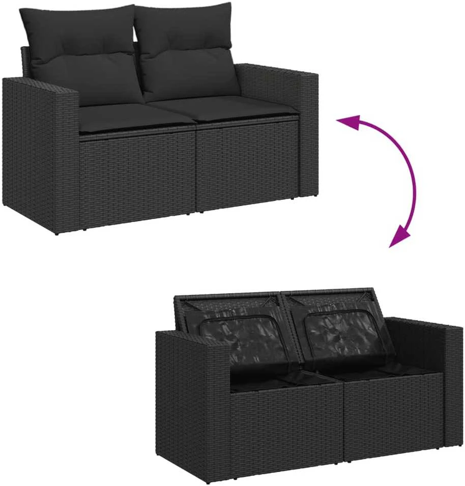Dvivietė sodo sofa su pagalvėlėmis, juodos spalvos, poliratanas