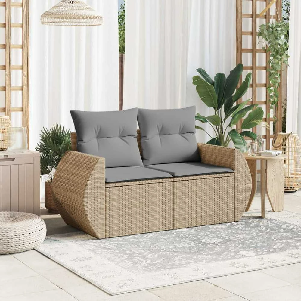 Dvivietė sodo sofa su pagalvėlėmis, smėlio spalvos, poliratanas