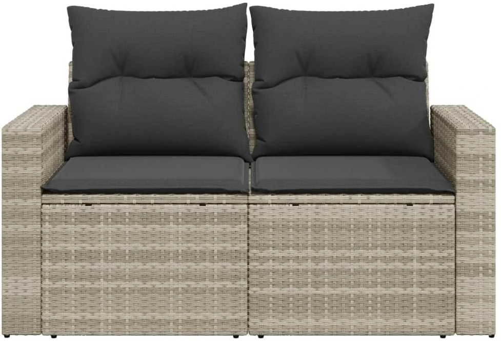 Dvivietė sodo sofa su pagalvėlėmis, šviesiai pilka, poliratanas