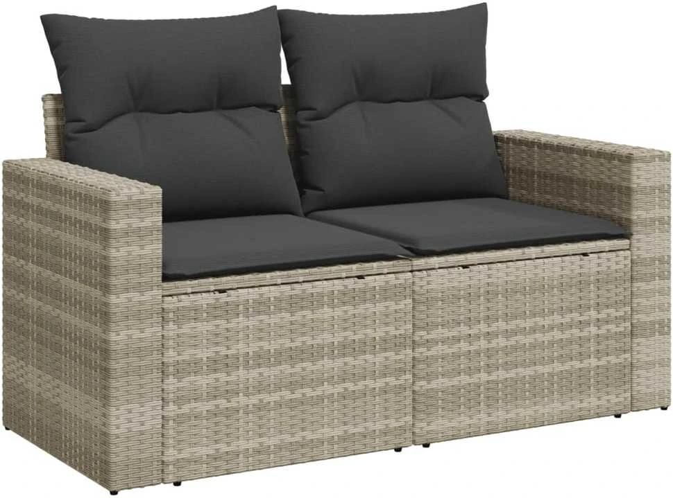 Dvivietė sodo sofa su pagalvėlėmis, šviesiai pilka, poliratanas