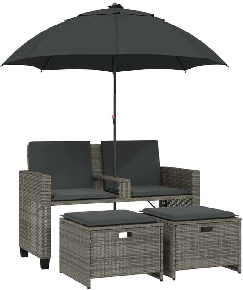Dvivietė sodo sofa su skėčiu/taburetėmis, pilka, poliratanas