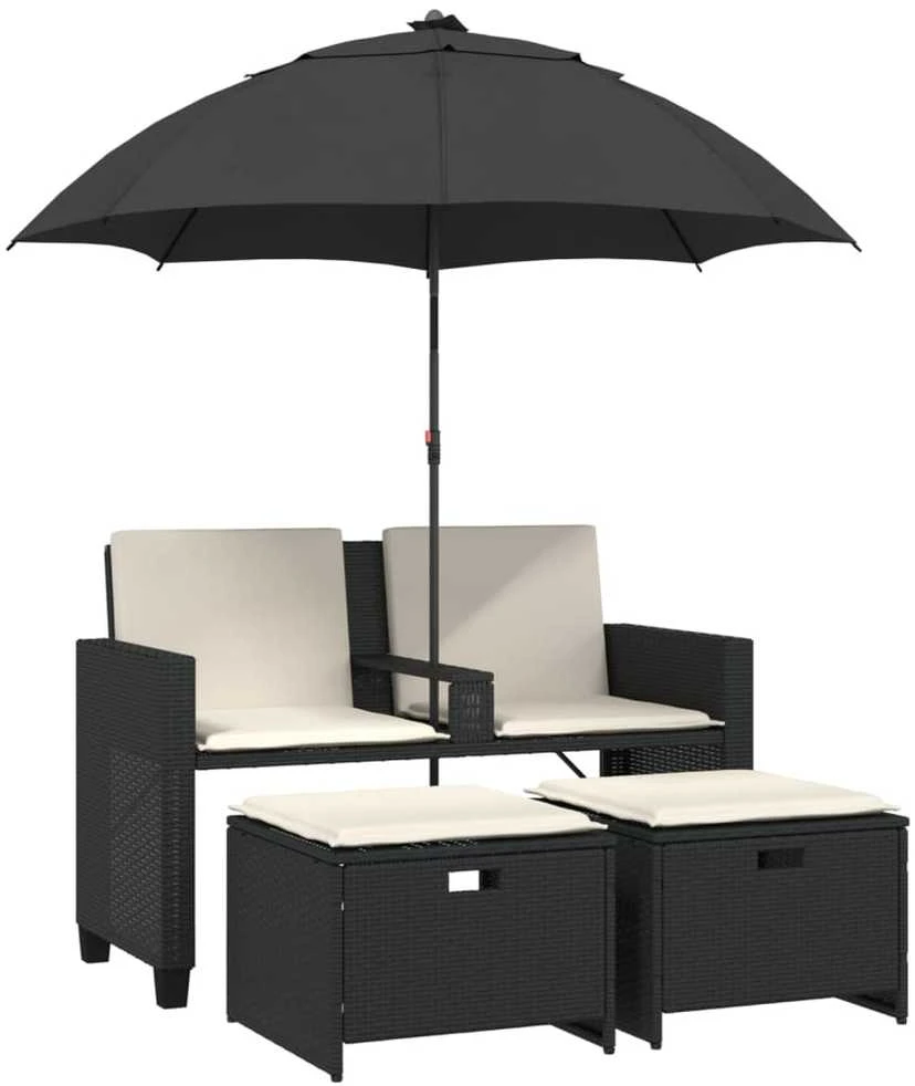 Dvivietė sodo sofa su skėčiu/taburetėmis, juoda, poliratanas