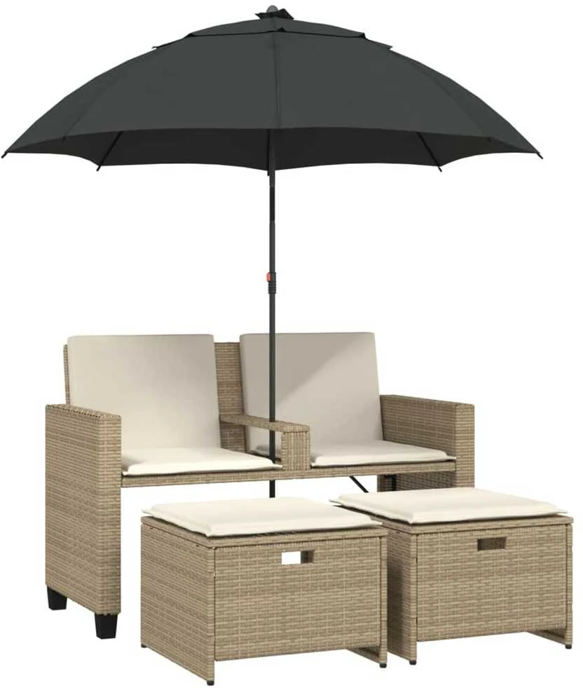Dvivietė sodo sofa su skėčiu/taburetėmis, smėlio, poliratanas