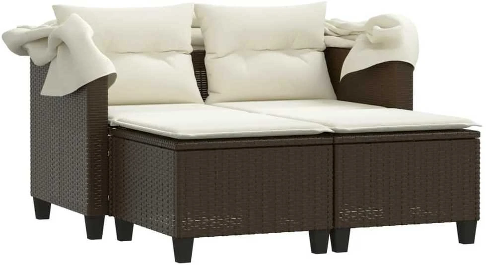 Dvivietė sodo sofa su skliautu/taburetėmis, ruda, poliratanas