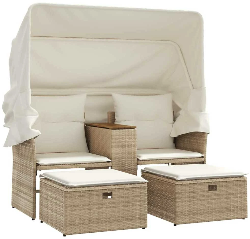 Dvivietė sodo sofa su skliautu/taburetėmis, smėlio, poliratanas
