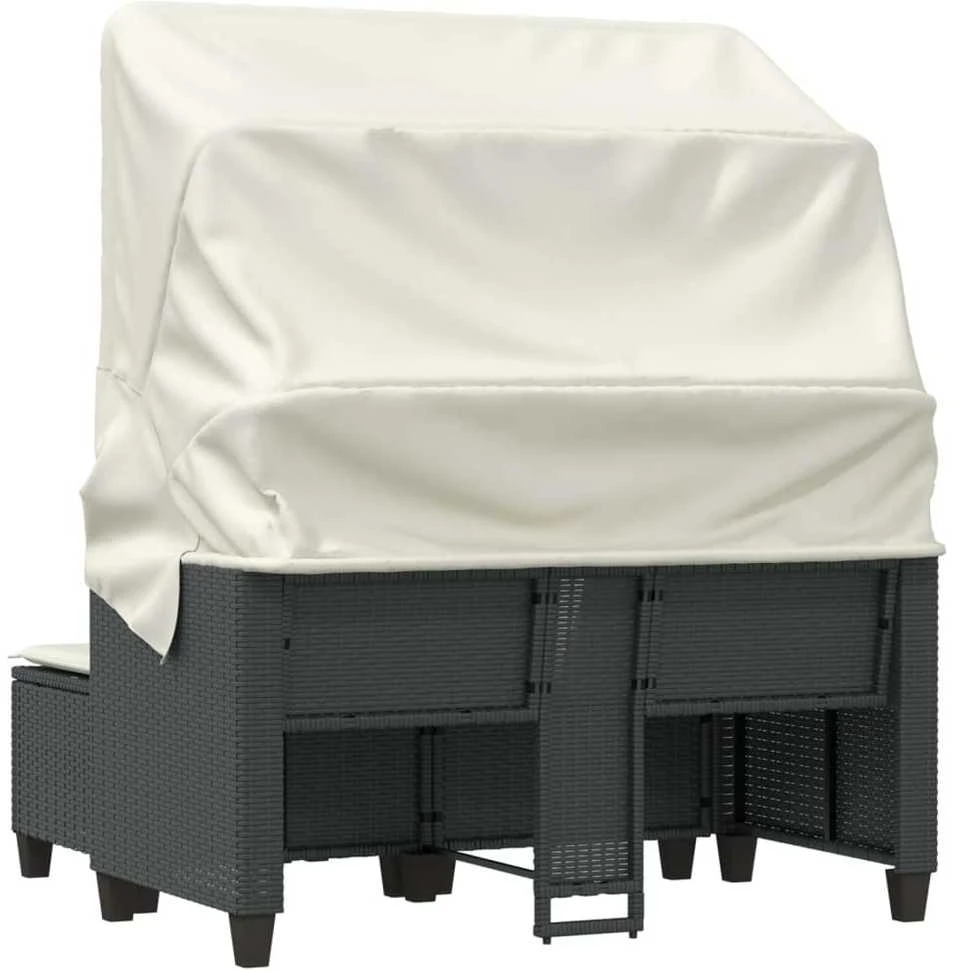 Dvivietė sodo sofa su skliautu/taburetėmis, juoda, poliratanas