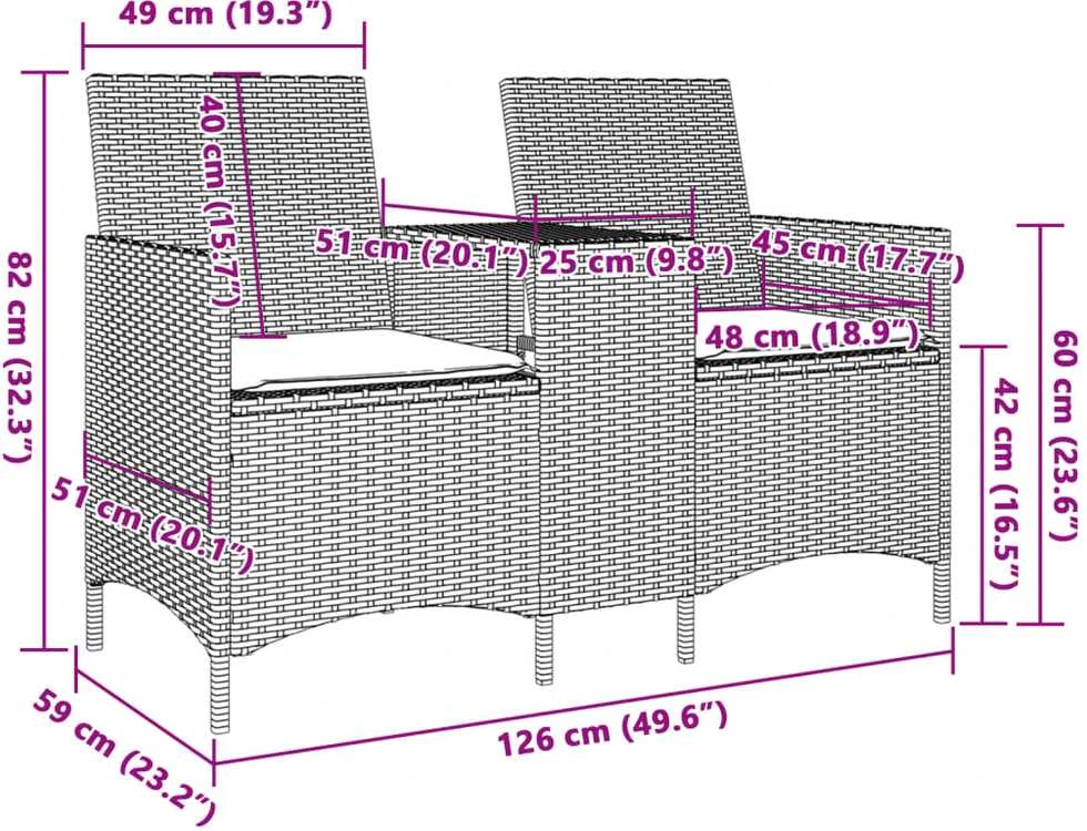 Dvivietė sodo sofa su staliuku ir pagalvėlėmis, smėlio spalvos