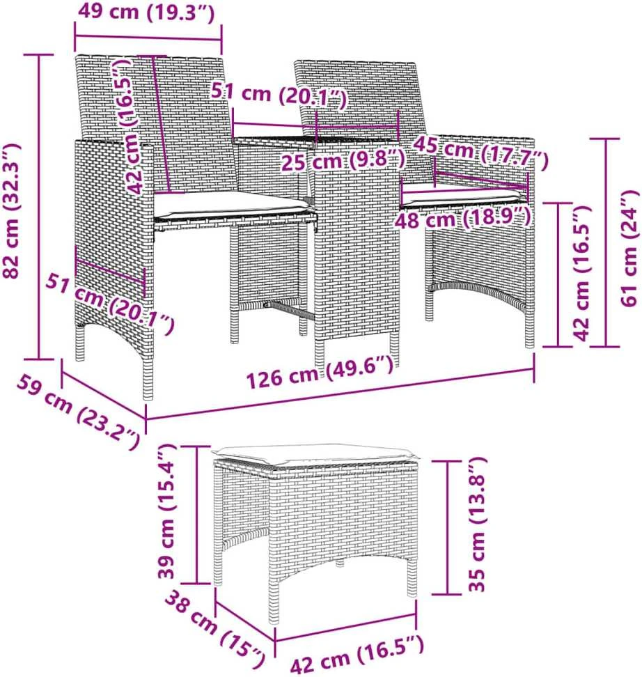 Dvivietė sodo sofa su staliuku/taburetėmis, pilka, poliratanas