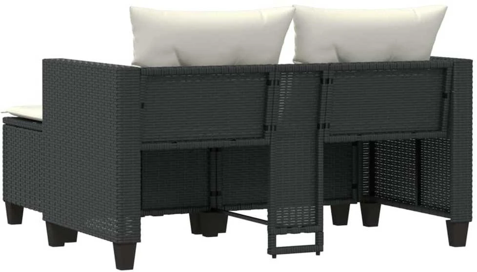 Dvivietė sodo sofa su taburetėmis, juodos spalvos, poliratanas