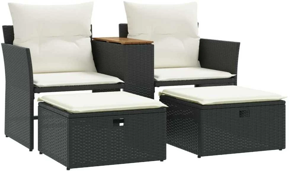 Dvivietė sodo sofa su taburetėmis, juodos spalvos, poliratanas