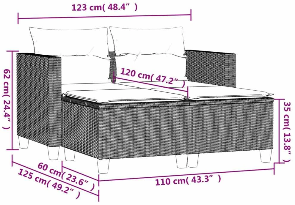 Dvivietė sodo sofa su taburetėmis, smėlio spalvos, poliratanas