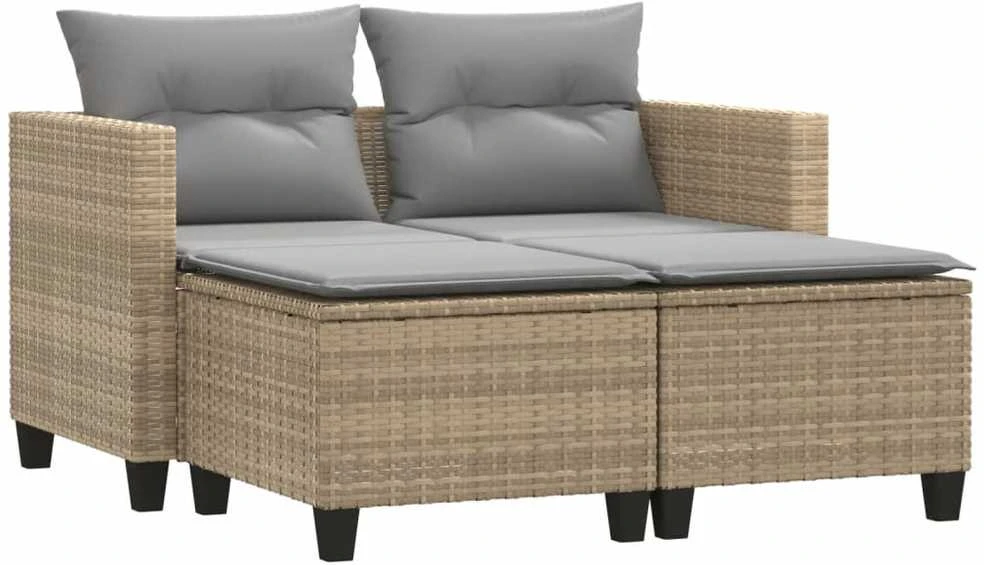 Dvivietė sodo sofa su taburetėmis, smėlio spalvos, poliratanas