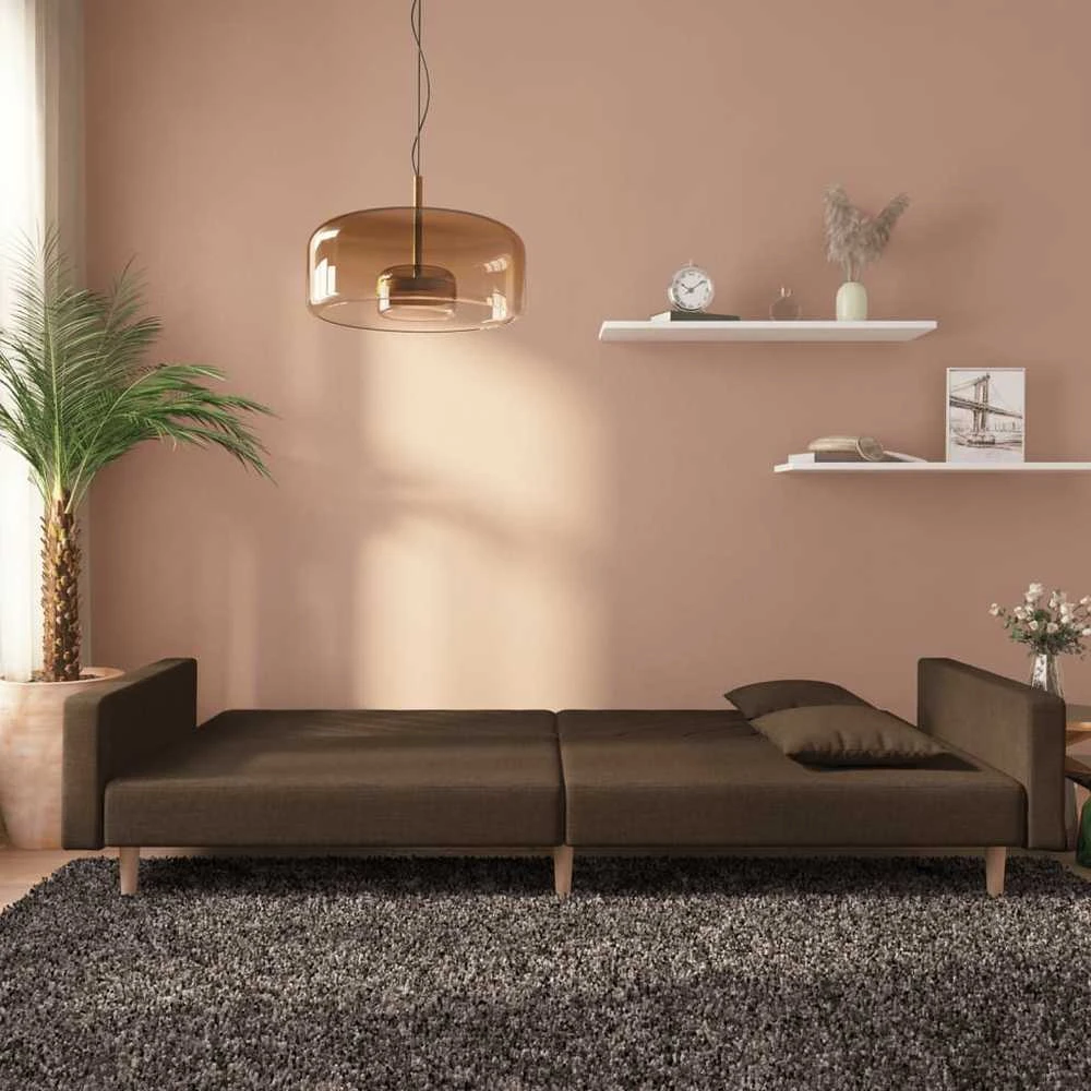 Dvivietė sofa-lova dvejomis pagalvėmis, rudos spalvos, audinys