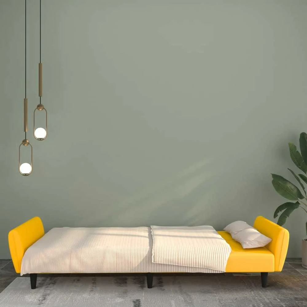 Dvivietė sofa-lova, geltonos spalvos, aksomas