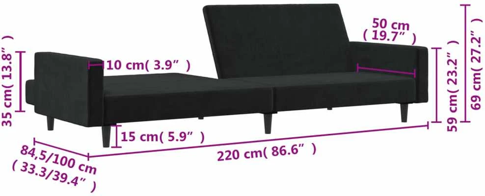 Dvivietė sofa-lova, juodos spalvos, aksomas