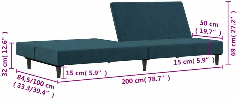 Dvivietė sofa-lova, mėlynos spalvos, aksomas