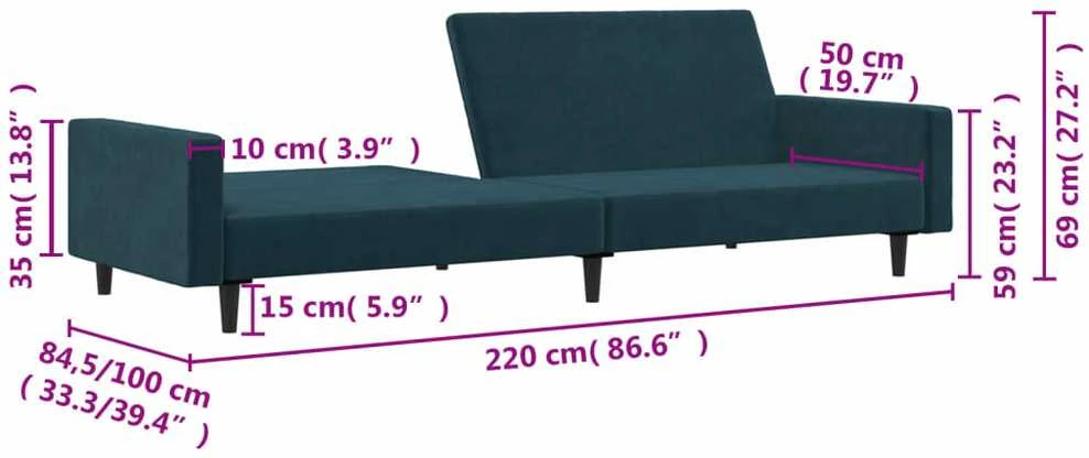 Dvivietė sofa-lova, mėlynos spalvos, aksomas