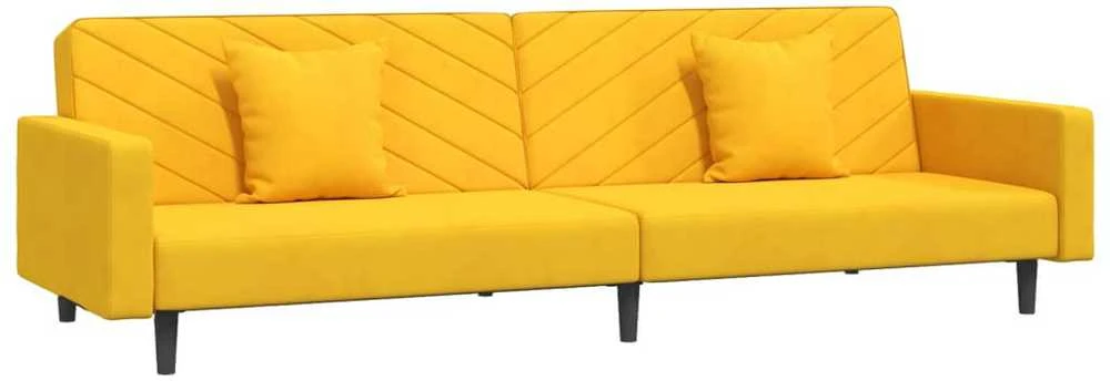 Dvivietė sofa-lova su dvejomis pagalvėmis, geltona, aksomas