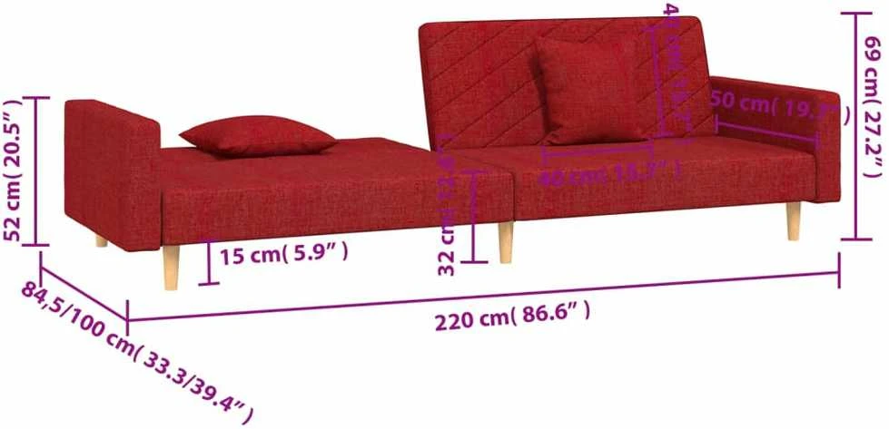 Dvivietė sofa-lova su dvejomis pagalvėmis, vyno, audinys