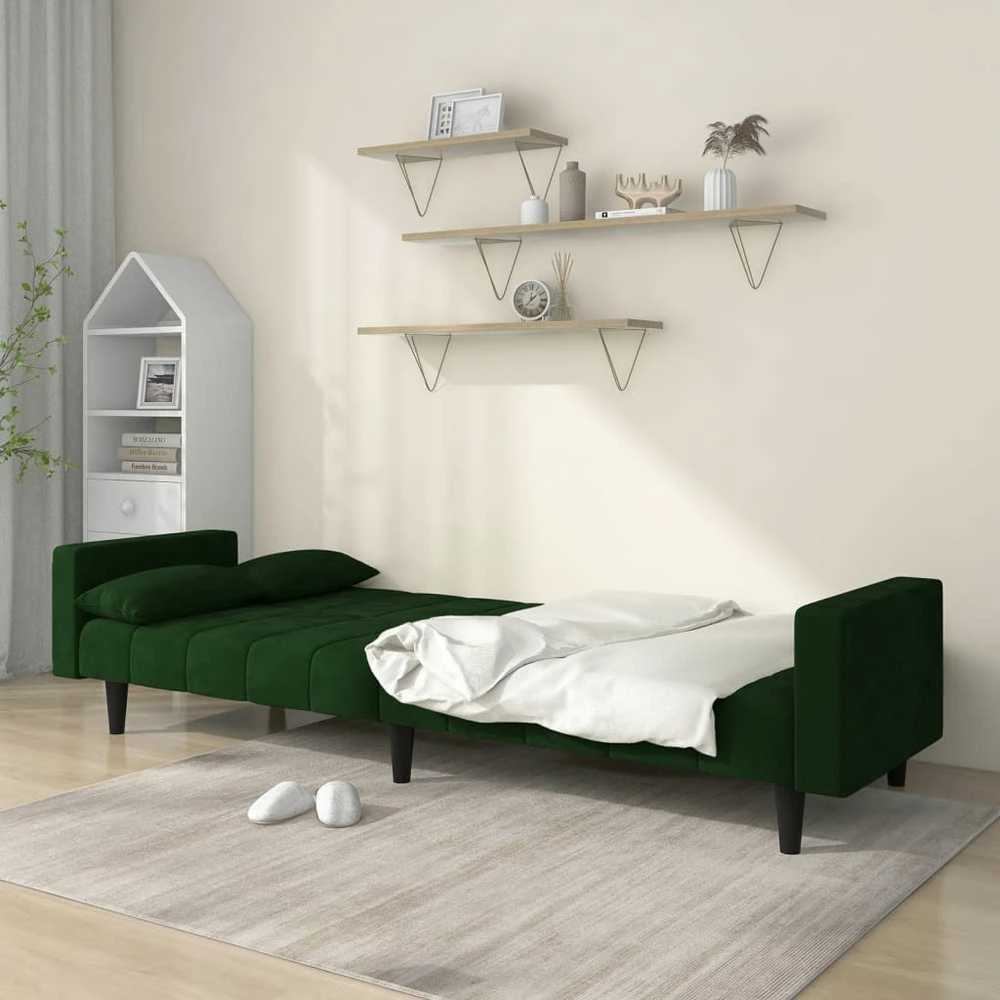 Dvivietė sofa-lova su dvejomis pagalvėmis, žalia, aksomas